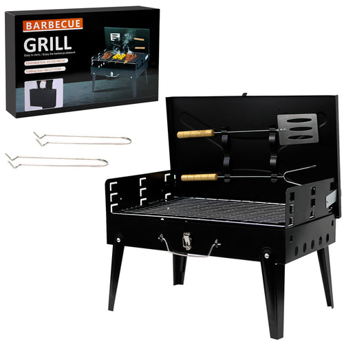Portable BBQ Charcoal Grill - Folding Small Travel BBQ Grill with Tool Set - Mini Foldable Steel BBQ Grill for Camping, Garden, Picnic, Outdoor - Black
