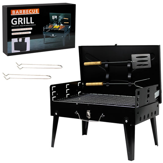 Portable BBQ Charcoal Grill - Folding Small Travel BBQ Grill with Tool Set - Mini Foldable Steel BBQ Grill for Camping, Garden, Picnic, Outdoor - Black