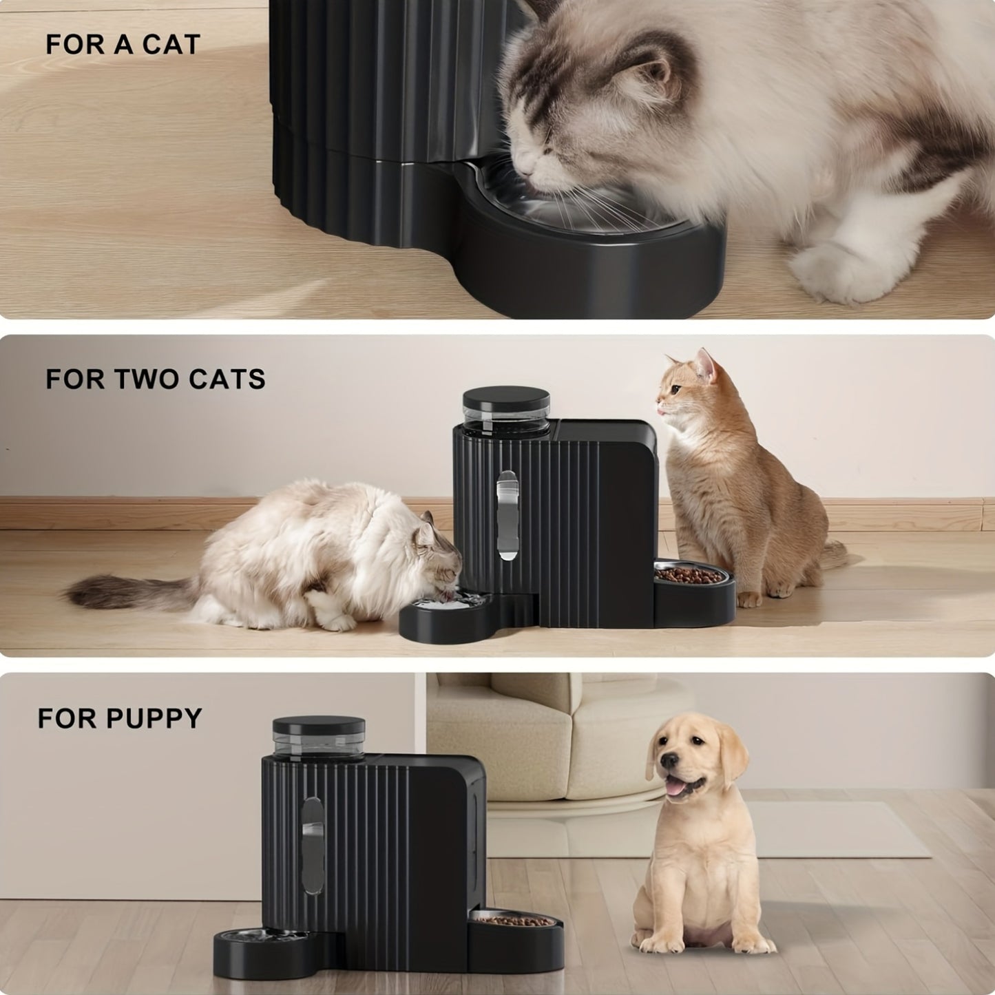 Dog And Cat Food Feeder And Water Dispenser, Two-In-One Set, Automatic Gravity Feeding, 304 Stainless Steel Bowl, Removable And Washable, for Small/Medium/Large Dogs And Cats, 3L Large Capacity, Black, Without Battery
