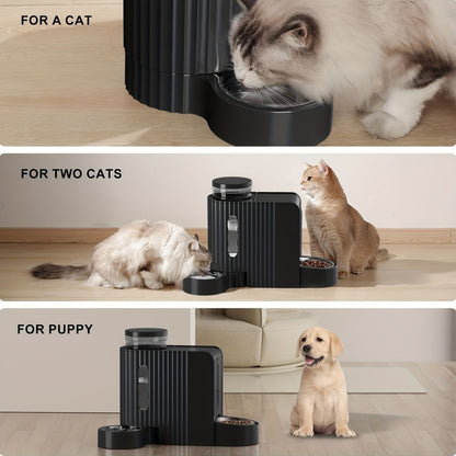 Dog And Cat Food Feeder And Water Dispenser, Two-In-One Set, Automatic Gravity Feeding, 304 Stainless Steel Bowl, Removable And Washable, for Small/Medium/Large Dogs And Cats, 3L Large Capacity, Black, Without Battery