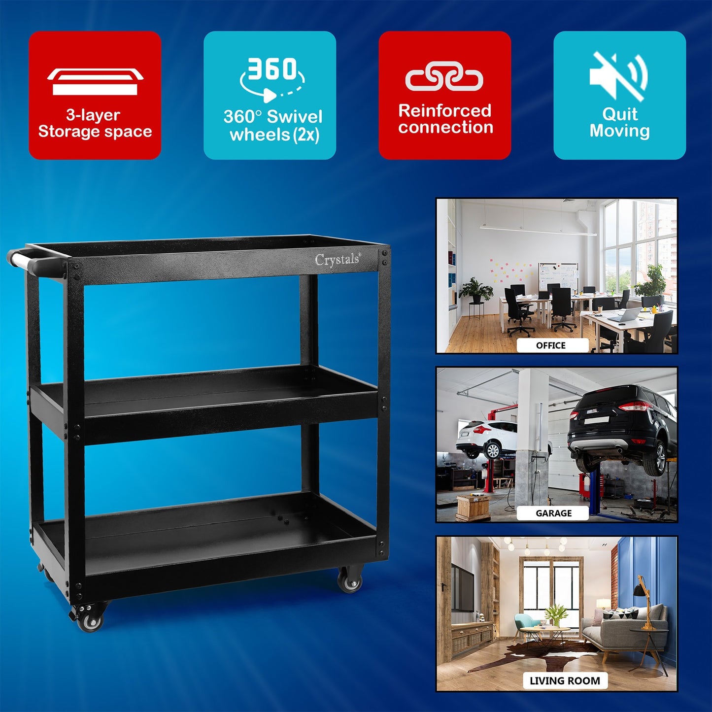 3 Tier Shelf Tool Trolley Cart ool Storage Trolley Bearing Wheel Heavy Duty Garage DIY Storage Trolley for Transport Tools Workshop