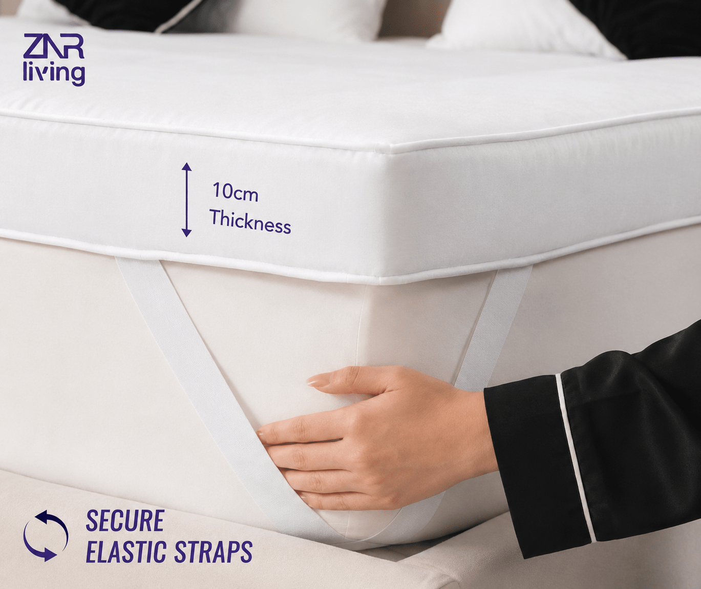 Supersoft Mattress Topper Bed - 4 Inch (10cm) Thick Mattress Topper with Elasticized Corner Straps - White