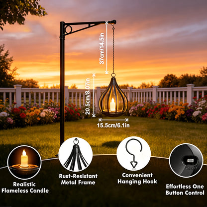 2-in-1 Solar Outdoor Pendant Light, Lawn Light, Teardrop Shape, Candle Effect Lamp with Light Post, Suitable for Gardens, Courtyards, Lawns, Decks, Parasols, Tents, Trees, Patios, Pathways, Driveways, Garden - Warm White Solar Lantern