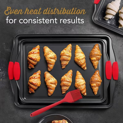3pcs Heavy-Duty Carbon Steel Non Stick Baking Tray Set - Commercial Grade Oven Biscuit Baking Tray with Red Silicone Texture Anti Slip Layer, No Sharp Edges, Suitable for Home And Professional Kitchens, Ovens, Grills, Compatible with Various Baking Scenar