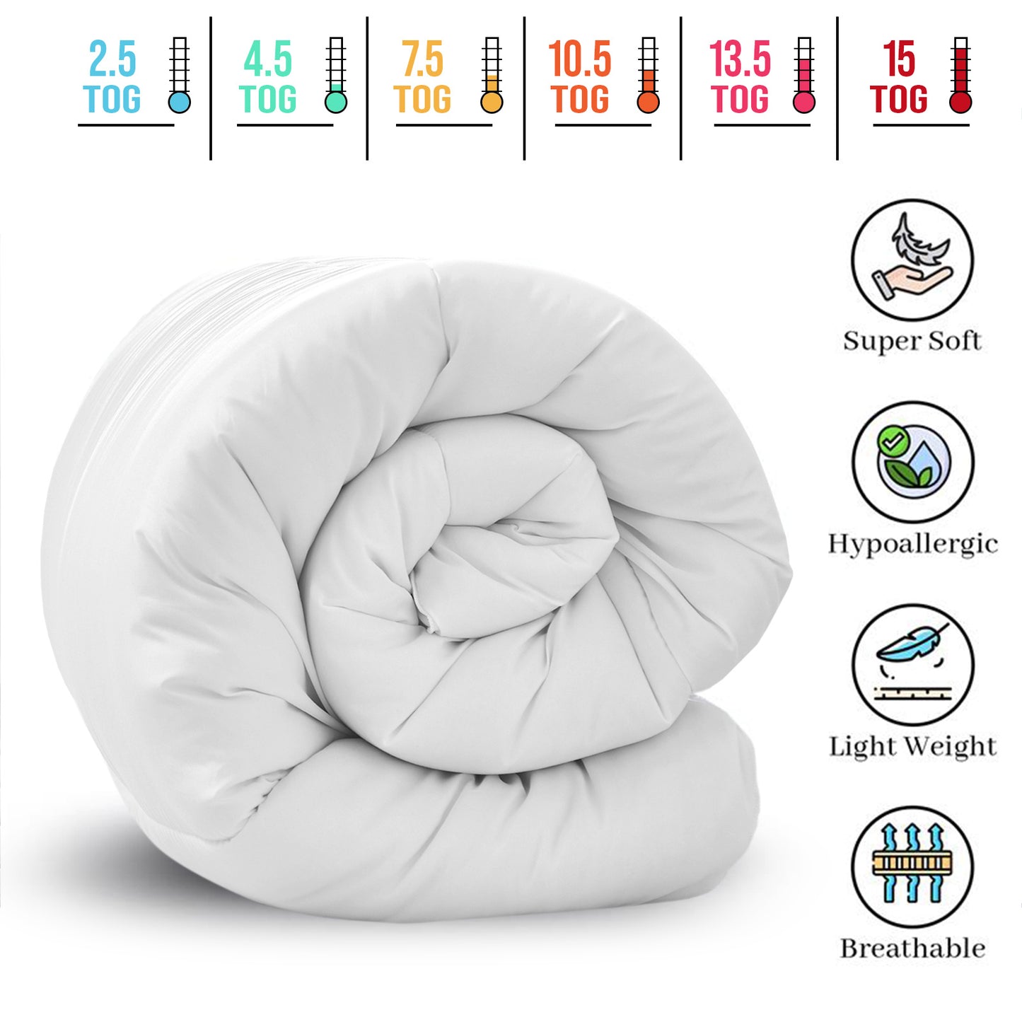 All Seasons Duvet, Breathable & Soft Summer Quilt, Lightweight Comforter Bedding, 2.5 4.5 7.5 10.5 13.5 15 Tog, All Sizes Available