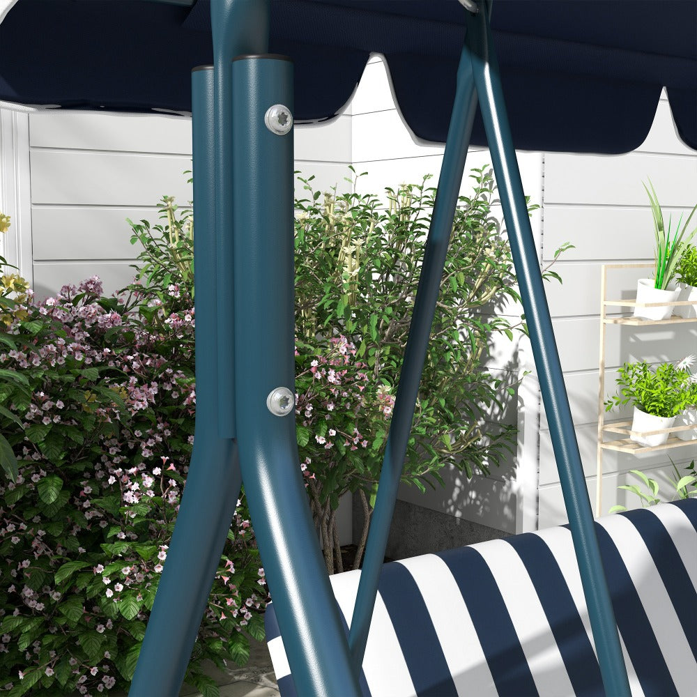 3-Person Garden Swing Chair with Adjustable Canopy Padded Seat Steel Frame Outdoor Patio Swing Bench Blue White