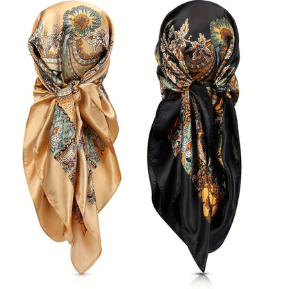 2 PCs 90.17cm Thin Square Scarves Satin Smooth Print Bananas Casual Hair Wraps for Sleeping At Night