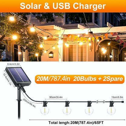 15.25m/20.13m/30.49m G40 Solar Light String, Ip44 Waterproof Outdoor Solar Light Chain/Crystal Fairy Light, With Remote Control And Adjustable Brightness, Ideal For Decorative Lighting In Gardens, Terraces, Balconies, Barbecues, Parties, And Corridors