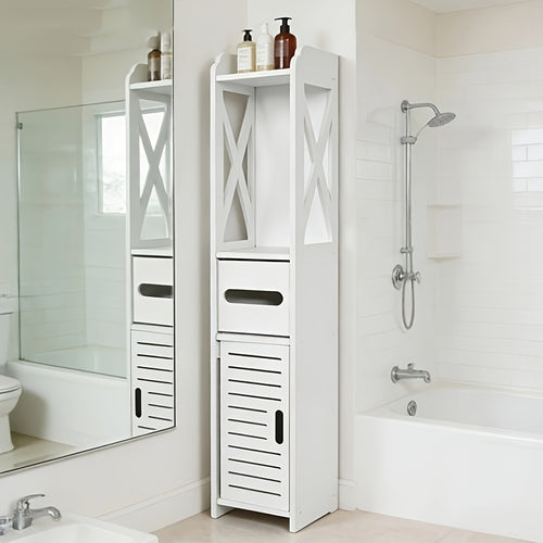 Wooden Storage Cabinet, Bathroom Floor-Standing Storage Cabinet, Multi-Functional Side Storage Rack, White