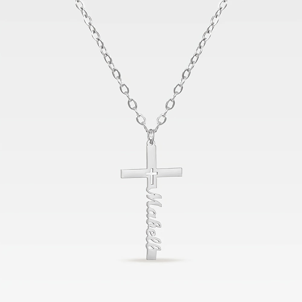 Golden Silvery Personalized Custom Name Necklace 1pc, Hollow Cross Pendant, Women Girlfriend Gift Jewelry, Easter Religious Belief Gift, Suitable for Women Mom