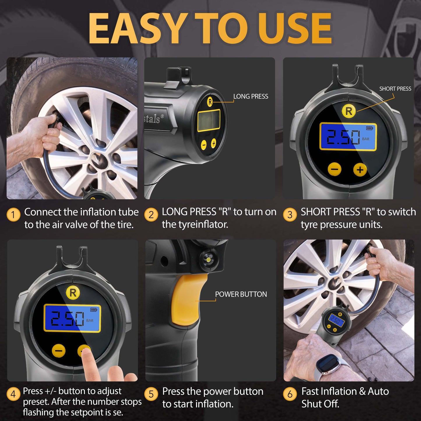 Cordless Digital Tyre Inflator USB Rechargeable 150PSI Auto Shut-Off with LCD Display & LED Light – Portable Air Compressor with 3 Nozzle Adaptors for Car, Motorcycle, Bicycle & Inflatables