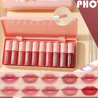 10-Color Set of Pearlescent Lip Gloss with Fine Shimmer, Long-Lasting Waterproof Lipstick That Doesn'T Easily Fade, Smudge-Proof Lip Liquid, And a Mirror-End Lipstick Set