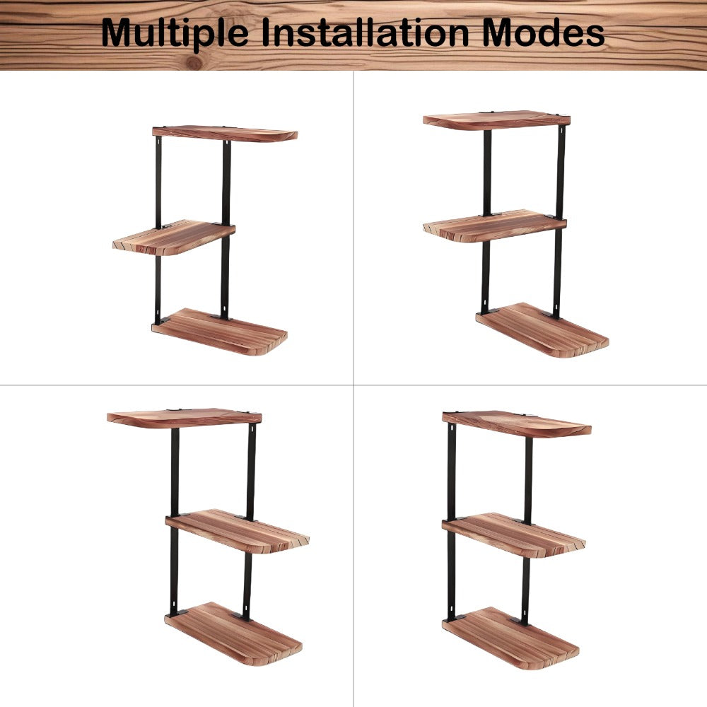 Rustic 3-Tier Corner Shelf Wall Mounted Wooden Floating Storage Rack for Bedroom Living Room Bathroom Kitchen Office Antique Display with Durable Metal Brackets
