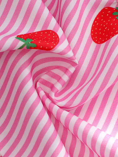 A Two-Piece Set. A Tank Top And Shorts Outfit Featuring Strawberry Prints, Striped Patterns, Bow Decorations, And a Ruffled Hem Design. This Is a Casual Summer Outfit for Girls. It Makes a Great Gift for Girls' Clothing. Suitable for Outdoor Wear