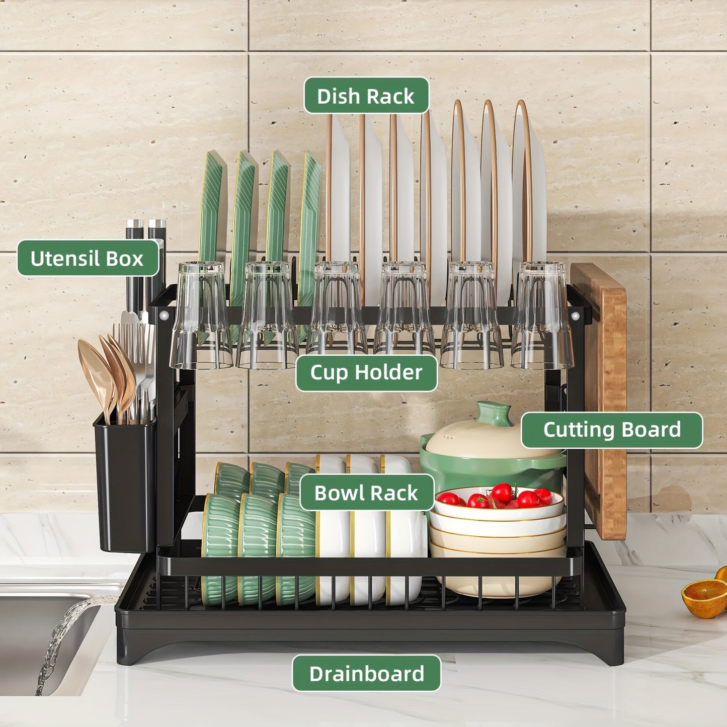 2 Tier Black Dish Drainer Rack, Stainless Steel Drying Rack Kitchen, Drainers Draining Board with Drip Tray, Rust Proof Large Washing Up Sink