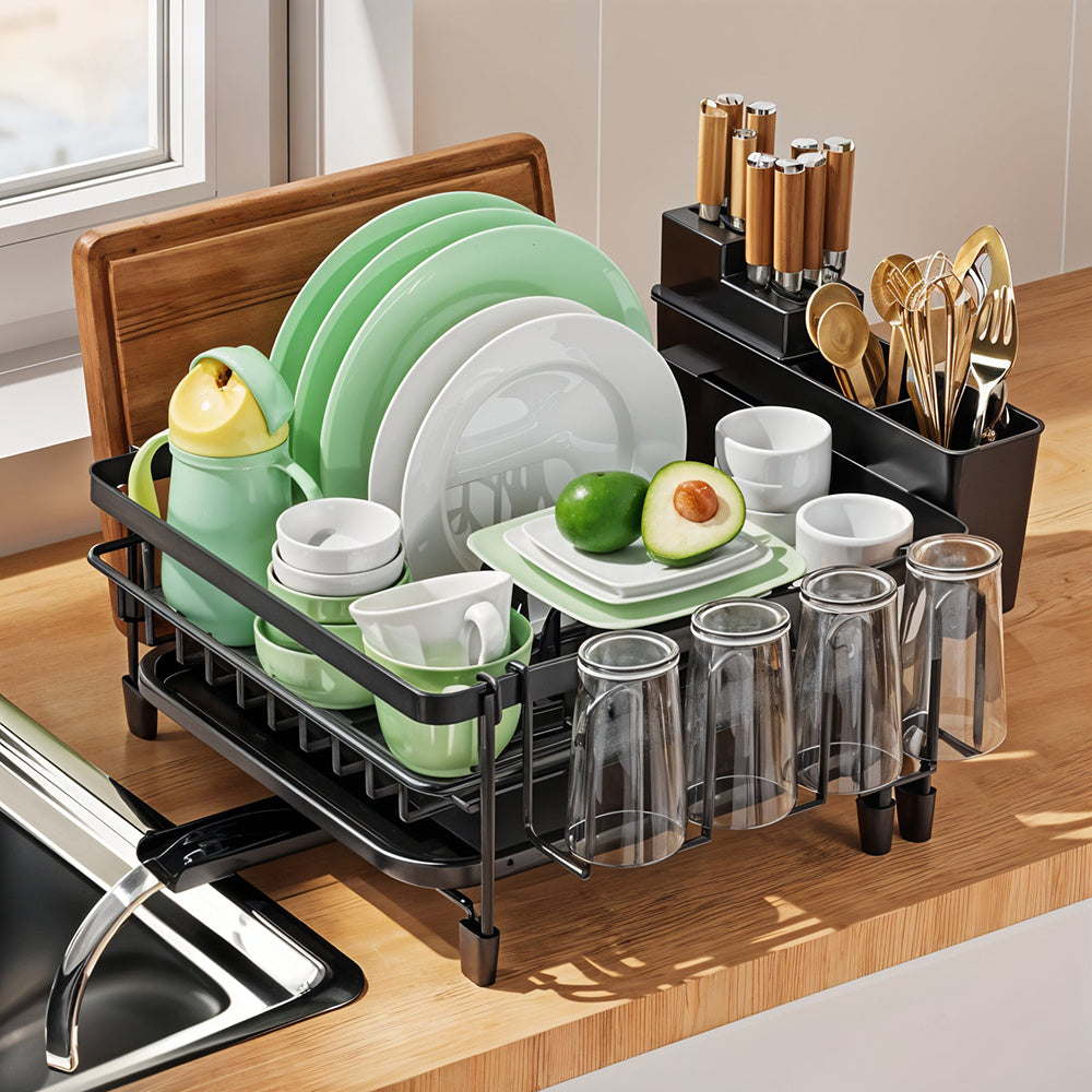 Adjustable Multi-Functional Dish Drainer Rack for the Kitchen, Wrought Iron Kitchen Utensil Rack, Large Capacity Storage Organiser with Drain Board, Utensil Rack, and Cup Hooks, Foldable Design to Save Space, Ideal for Drying Plates, Bowls, Pots, and Uten