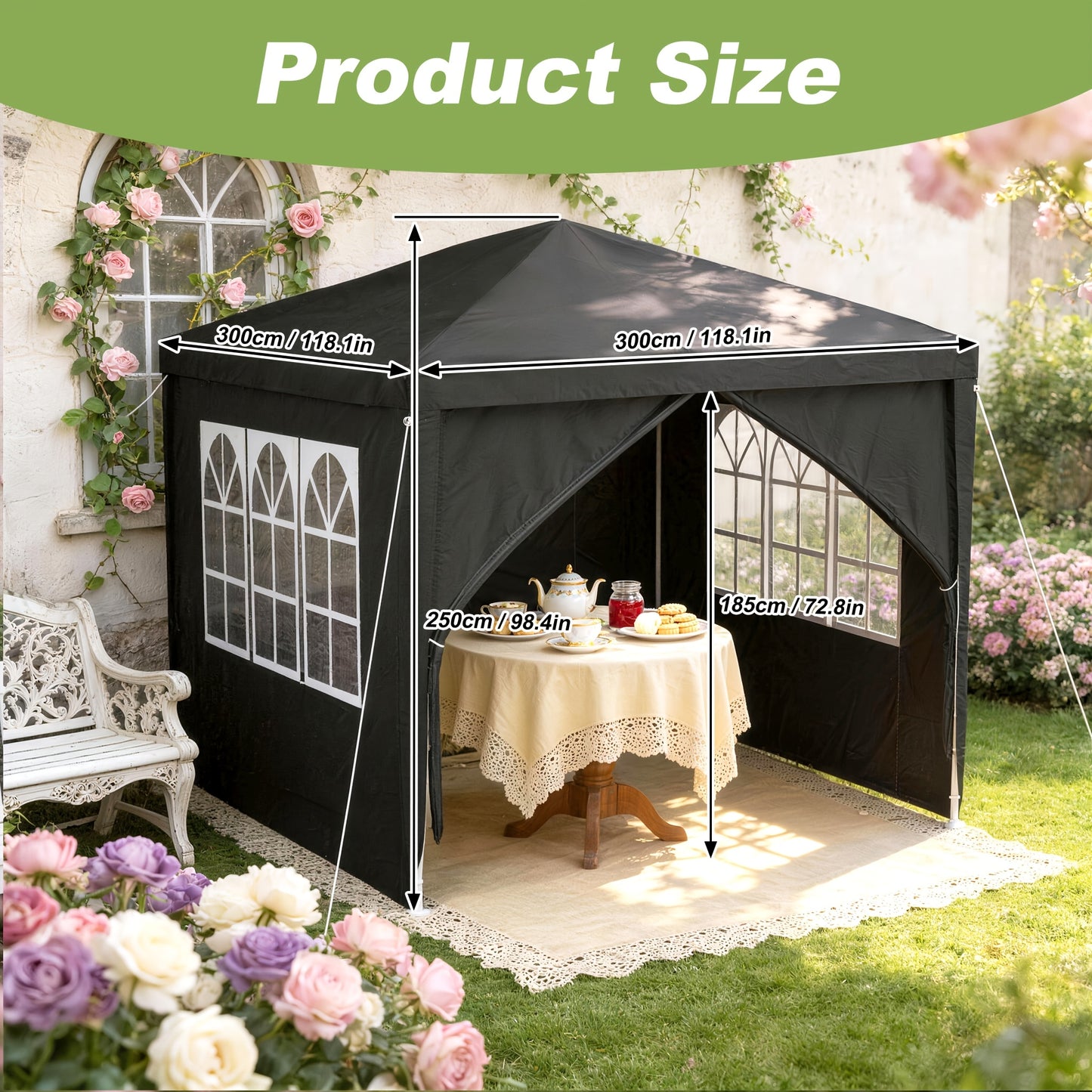 Garden Gazebo, Party Tent with 4 Removable Side Panels, Sun And UV Protection, Suitable for Outdoor Parties, Weddings, Garden Parties, Picnics, 3X3 Meters