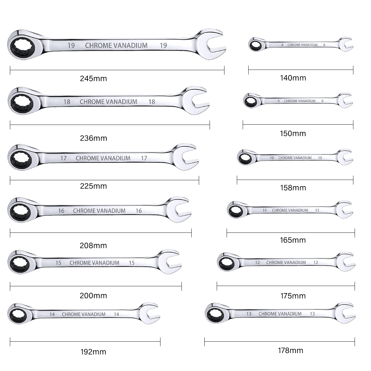12P 72 Tooth Durable Metal Ratchet Spanner Set Combination Wrench Metric Sizes from 8Mm to 19Mm with Roll Bag, Perfect for Home, Bike, Car Repairs