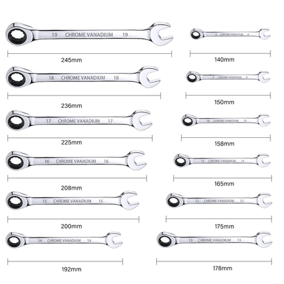12P 72 Tooth Durable Metal Ratchet Spanner Set Combination Wrench Metric Sizes from 8Mm to 19Mm with Roll Bag, Perfect for Home, Bike, Car Repairs