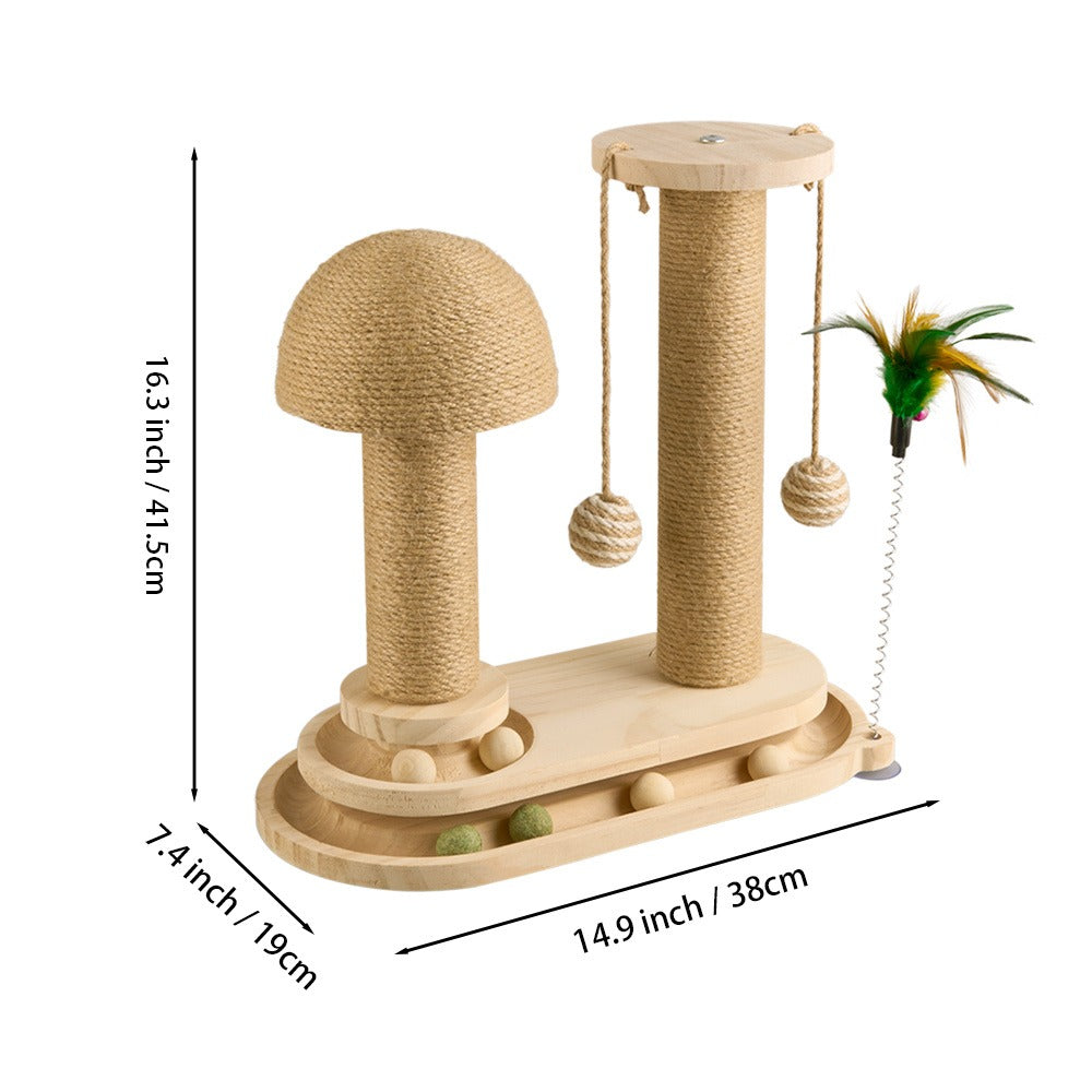 4-in-1 Cat Scratching Post with Sisal Rope, Ball Track & Spring Toy – Interactive Solid Wood Cat Activity Centre, 2 Sizes