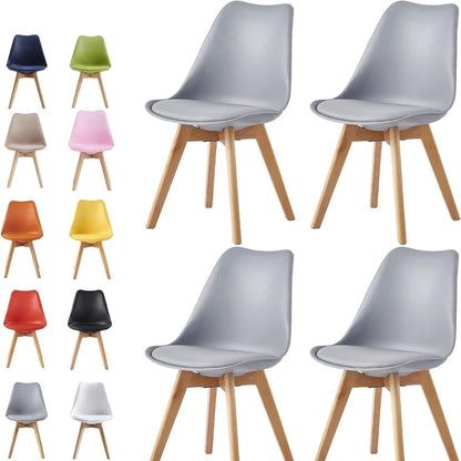 Set of 4 Dining Chairs with Wooden Legs & Cushion Pad - Retro Mid-Century Faux Leather Seat, 120kg Capacity, 7 Colours, UK Stock