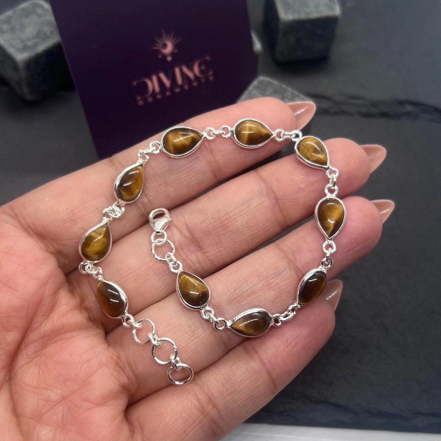 925 Sterling Silver Natural Gemstone Adjustable Bracelet ~ Teardrop Link Bracelet ~ Simple Elegant Jewelry