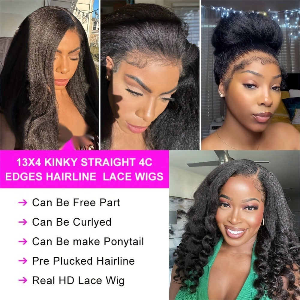 13x4 Lace Front Wig Human Hair – Yaki Straight 4C Kinky Edges, Transparent Lace, Pre-Cut Natural Hairline with Curly Baby Hair, Wigs for Black Women (50.8cm–60.96cm)