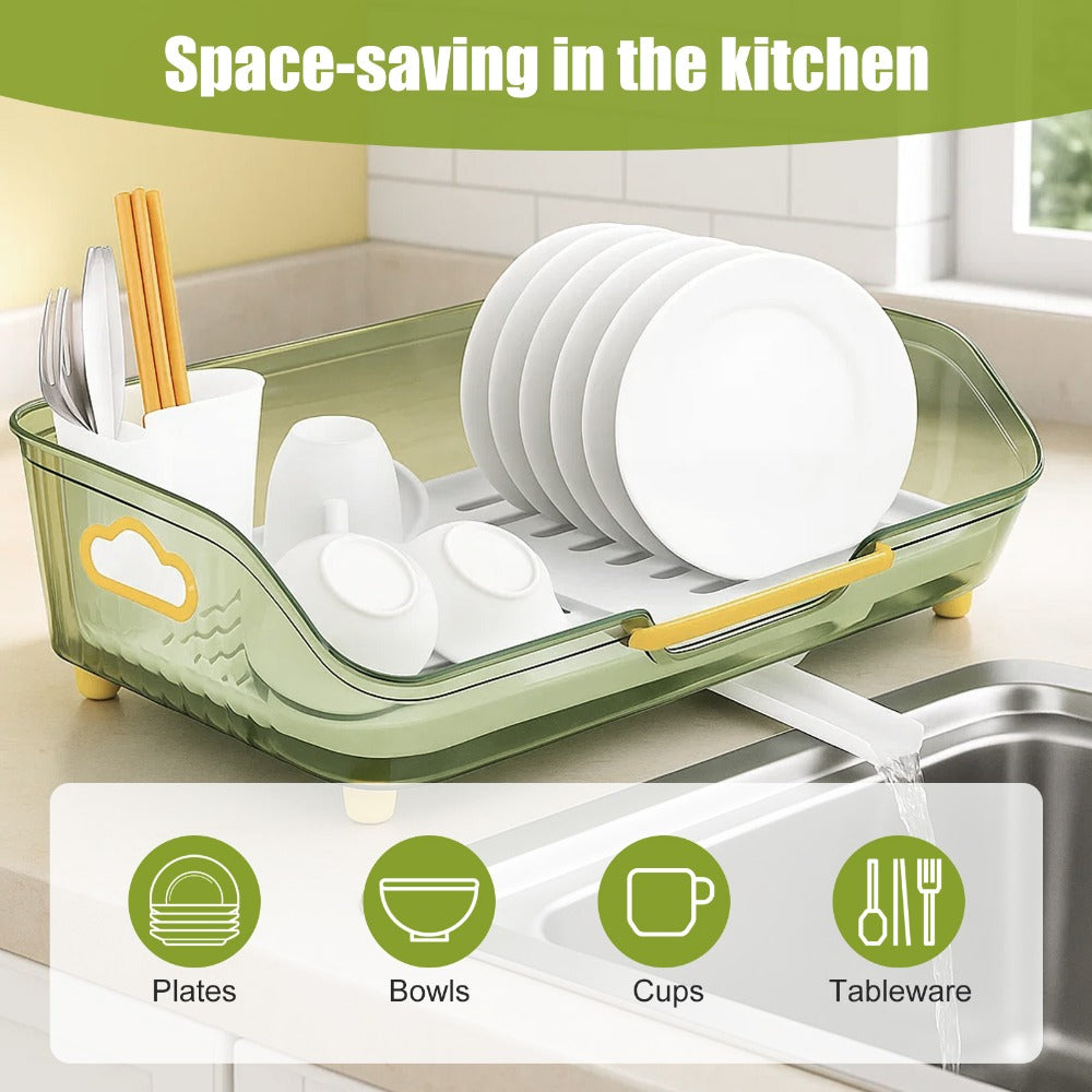 1pc Dish Drying Rack with Handle & Drainboard - Space-Saving Compact Design with Utensil Holder, Durable Plastic Construction, Easy to Clean & Move - Over Sink or Countertop Use for Small Kitchens, Apartments, RVs - Modern White & Golden Kitchen Organizer