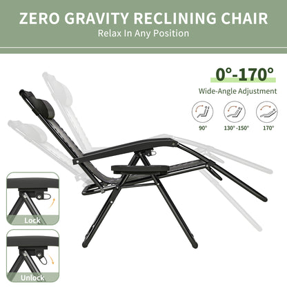 2pcs Zero Gravity Chairs, Fabric Foldable Patio Chairs Outdoor, Lounge Camping Chairs with Padded Pillow, Armrest, Footrest and Cup Holder - Textilene Fabric