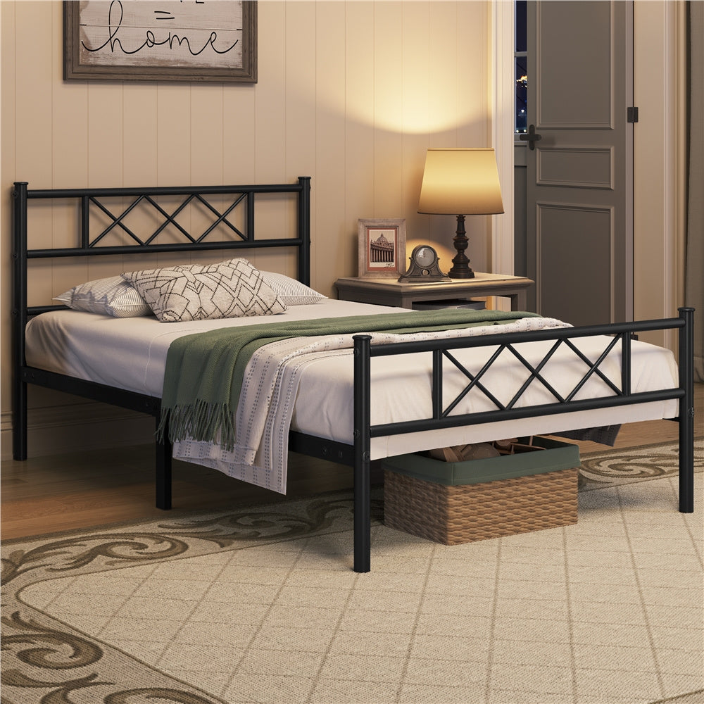 Costoffs Metal Bed Frame Metal-Framed Bed Base with Storage, Bed Foundation for Small Space, Easy Assembly Bed Foundation with Cross-design Headboard and Footboard for Bedrooms, Single/Double/king, Black/White/Pink
