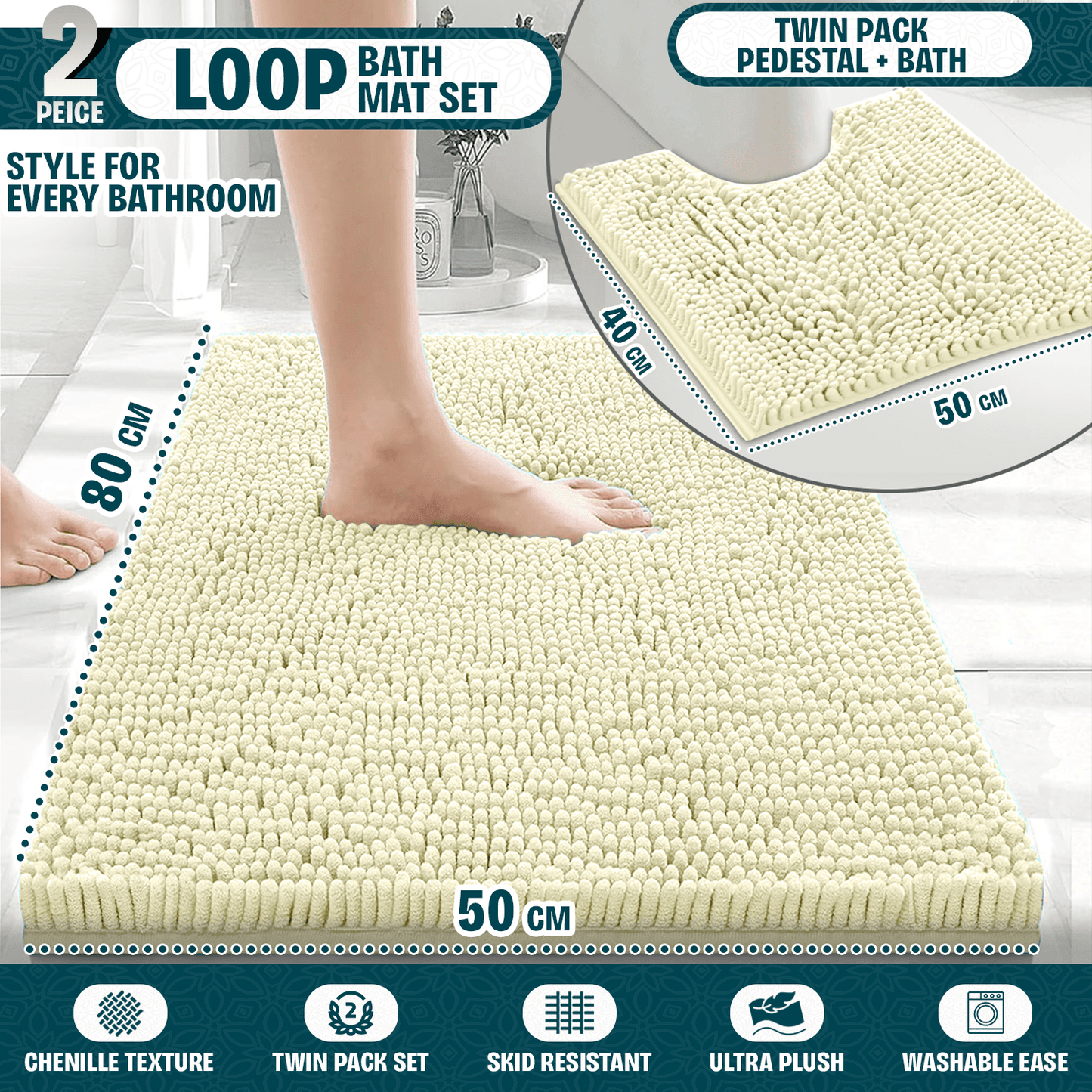 2-Piece Loop Bathroom Mat Set | Soft Chenille Microfiber Rugs with Non-Slip Backing | Machine Washable | Includes 50x80cm Bath Mat & 50x40cm Pedestal Mat | Stylish, Comfy & Durable | UK STOCK | LOCAL WAREHOUSE