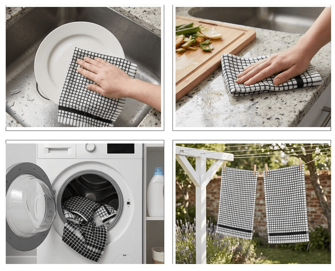 Pack of 6 Large Tea Towels 40x60cm – 100% Cotton Luxury Check Soft Kitchen Towels – Highly Absorbent Dish Cloths – Durable Washable Tea Towels for Drying Dishes, Cleaning, Cooking, Household, Restaurant, Bar, Café, Catering, Commercial & Professional Kitc