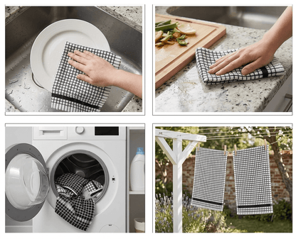 Pack of 6 Large Tea Towels 40x60cm – 100% Cotton Luxury Check Soft Kitchen Towels – Highly Absorbent Dish Cloths – Durable Washable Tea Towels for Drying Dishes, Cleaning, Cooking, Household, Restaurant, Bar, Café, Catering, Commercial & Professional Kitc