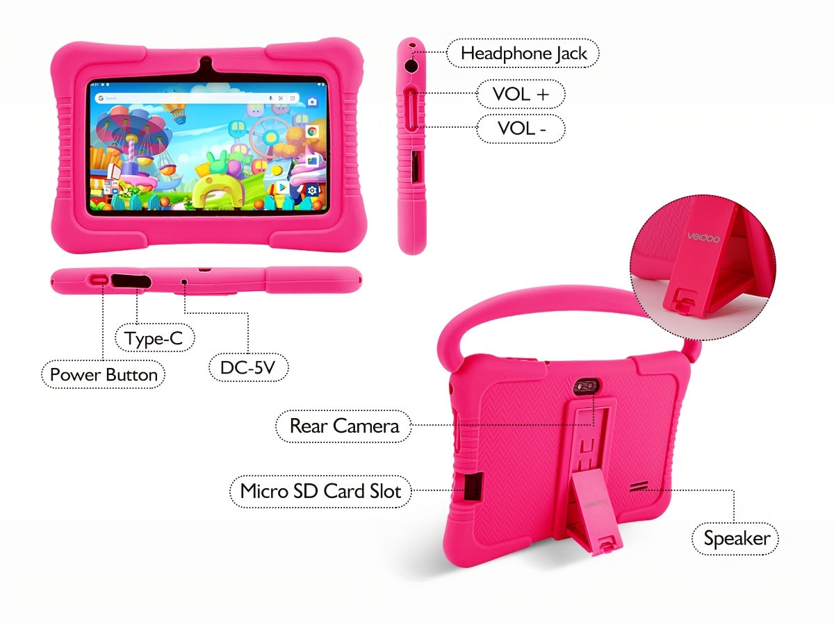 Veidoo 7" Kids Tablet, 2GB RAM 32GB ROM, Safe Eye Protection Screen, Wifi, Dual Camera, Educational Games, Parental Controls App, Android Tablet with Drop Proof Silicone Sleeve, Tablet, Pad, Tablet, Pad