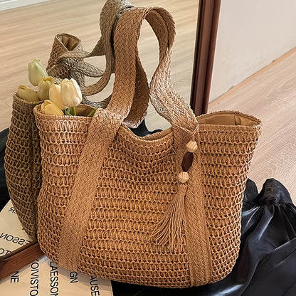 Elegant Large Capacity Woven Tote Bag | Fixed Shoulder Straps, Zipper Closure, Ideal for Daily Commute, Shopping, And Travel, Perfect Lily Brand