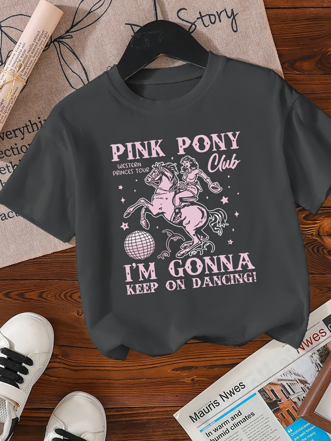 Girls' Casual Short Sleeve T-Shirt - Pink Pony Club Graphic "I'm Gonna Keep On Dancing" Single-Sided Print, Soft Polyester Blend, Comfort Fit Round Neck Top for Spring Summer Fall, Dance Gifts for Girls