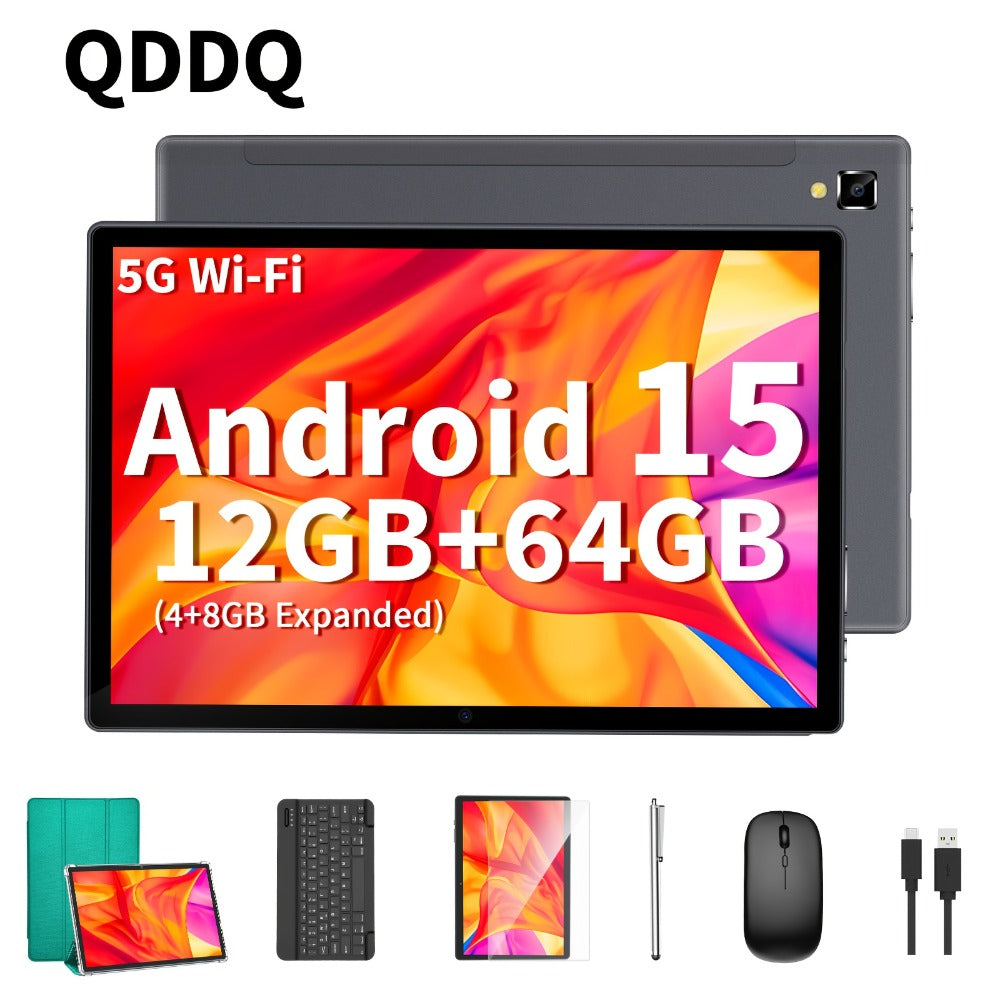 QDDQ Android 15 Tablet 10.1 Inch with Keyboard Wireless Mouse Case Stylus 26GB RAM 256GB or 12GB RAM 64GB ROM LED Screen Gaming WiFi USB-C