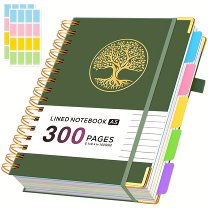 A5 Spiral Notebook with Dividers, 5 Subject Notebook with 300 Pages/150 Sheets 100GSM Lined Paper, No Bleed, 5 Project Notepad for Writing Note Taking, School Office Supplies, 14.7 X 21cm, Back to School