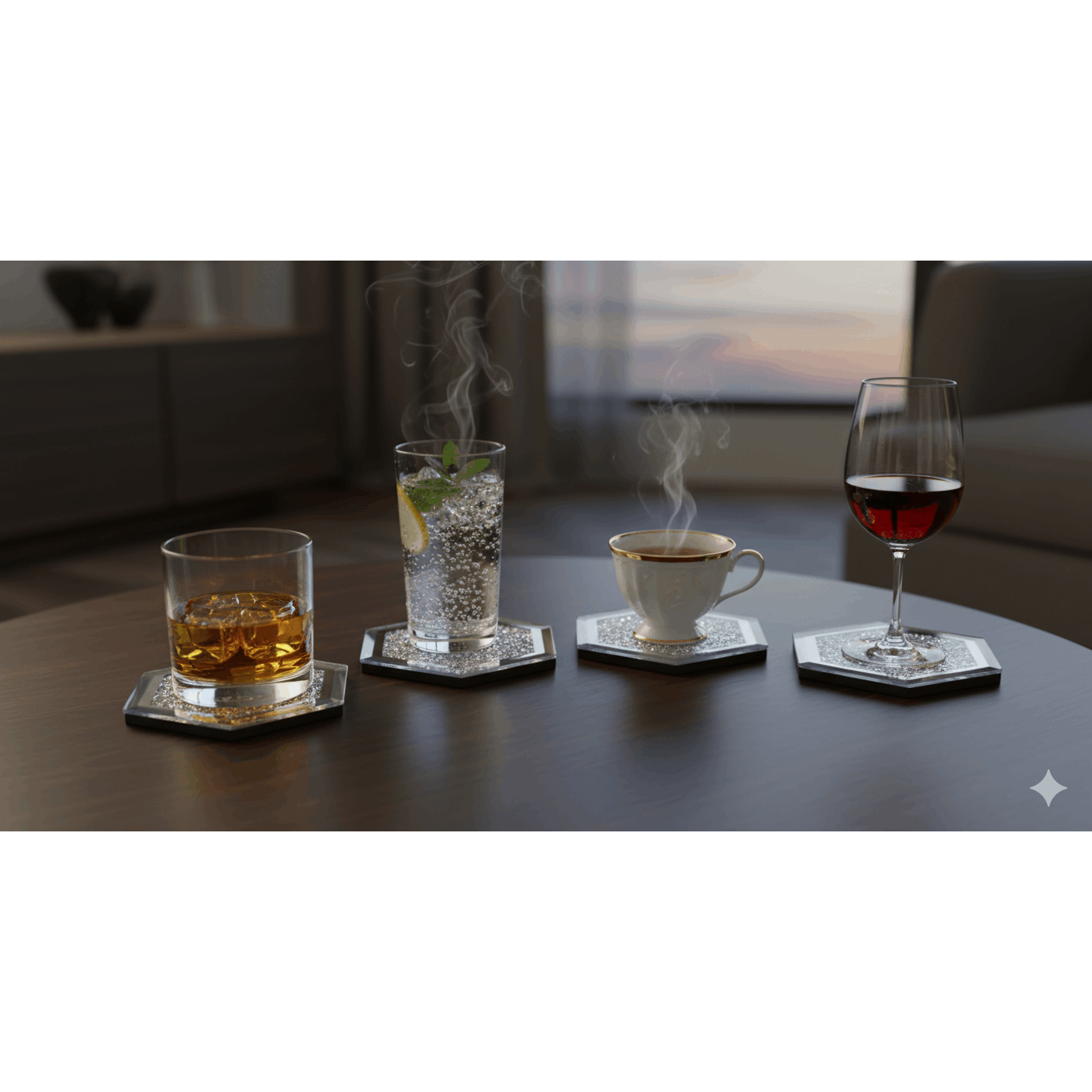 SERENA'S ® Set of 4 Hexagon Crystal Coasters – 10cm Glass Mirrored Drink Coasters with Glitter Crushed Diamond Design – Elegant Coasters for Home, Kitchen, Bar, or Table Decoration
