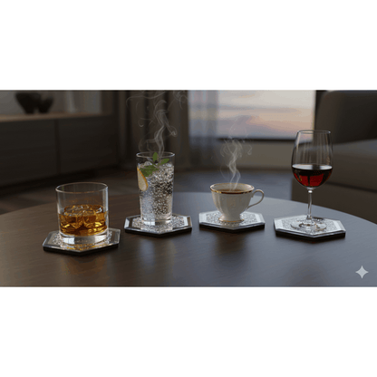 SERENA'S ® Set of 4 Hexagon Crystal Coasters – 10cm Glass Mirrored Drink Coasters with Glitter Crushed Diamond Design – Elegant Coasters for Home, Kitchen, Bar, or Table Decoration