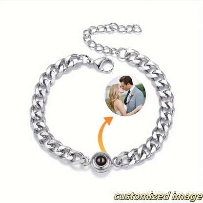 Custom Photo Projection Couple Bracelet Fashion Cuban Chain Stainless Steel Valentine'S Day Father'S Day Gift