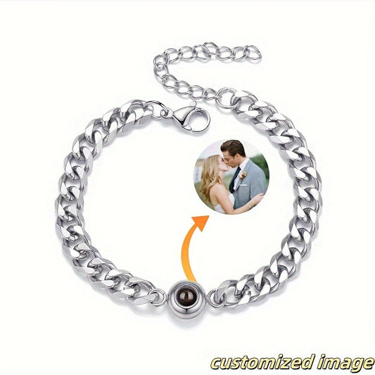 Custom Photo Projection Couple Bracelet Fashion Cuban Chain Stainless Steel Valentine'S Day Father'S Day Gift
