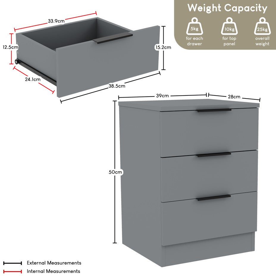 Modern 3 Drawer Bedside Table Chest of Drawers Dresser Nightstand Space Saving Storage Organizer Bedroom Furniture