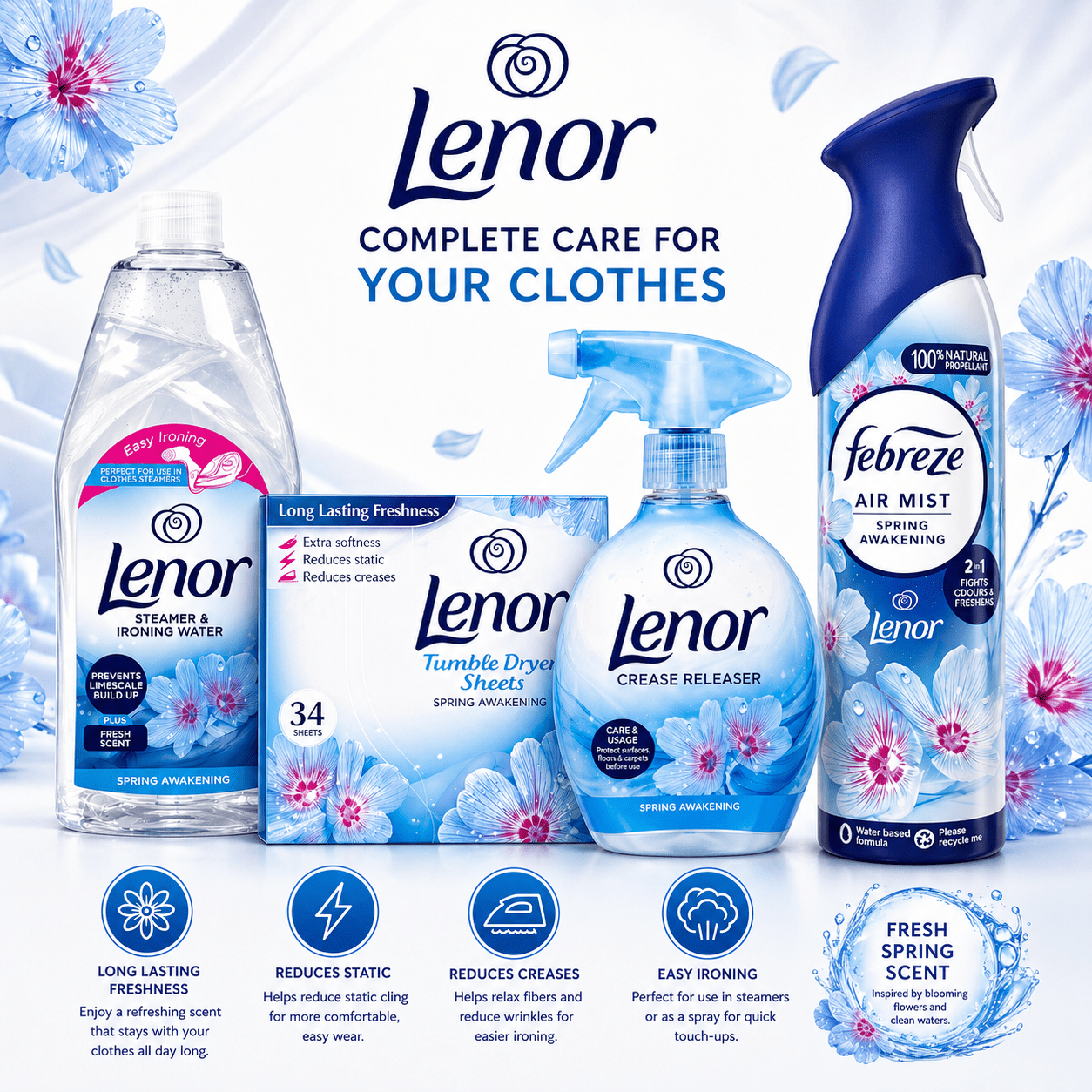 Lenor Spring Awakening Complete Laundry Care Bundle – Crease Releaser Spray, Tumble Dryer Sheets (34), Steamer & Ironing Water, Febreze Air Mist – Long Lasting Freshness & Easy Ironing
