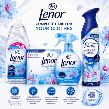 Lenor Spring Awakening Complete Laundry Care Bundle – Crease Releaser Spray, Tumble Dryer Sheets (34), Steamer & Ironing Water, Febreze Air Mist – Long Lasting Freshness & Easy Ironing