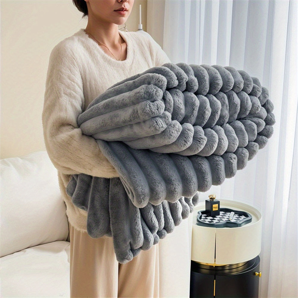 1pc Large Strips Ribbed Throw Blankets | Luxurious 270g Flannel Fleece Blanket | Warm Cozy Blanket Throws For Sofas, Bed, Chair, Couch, Settee | Super Soft Warm Blanket Single Double King Super King Size, Machine Washable, Easy Care, Perfect for Home, Tra