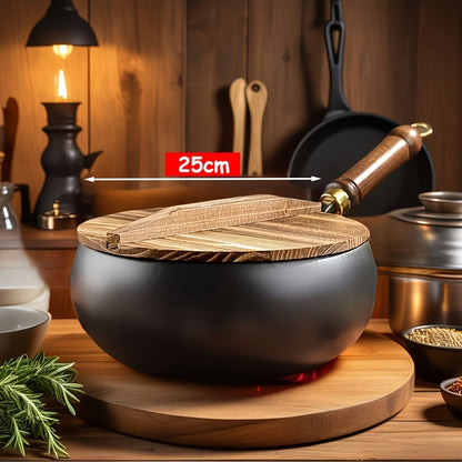Professional Handmade Cast Iron Dutch Wok - Uncoated, Wooden Lid, Multi-Purpose Wok, Frying Pan Stock Pot Anti-Splatter Oven & All Stove Compatible Durable, Even Heating for Healthy
