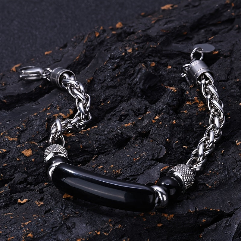 1pc Beaded Flower Basket Chain Bracelet Natural Stone Black Agate Tiger Eye Arc Beaded Bracelet (Slight Cracks in Natural Stone Are Normal) Holiday Gift for Family And Friends Christmas Halloween, Men'S Gift, Men'S Christmas Gift