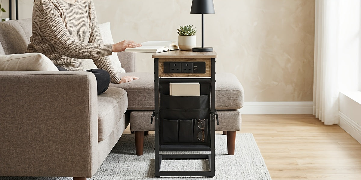 1pc/2pcs C-Shape Side Table with Charging Station, Bedside Table with Storage Bag, Coffee Table with Metal Frame for Living Room, Bedroom, Office
