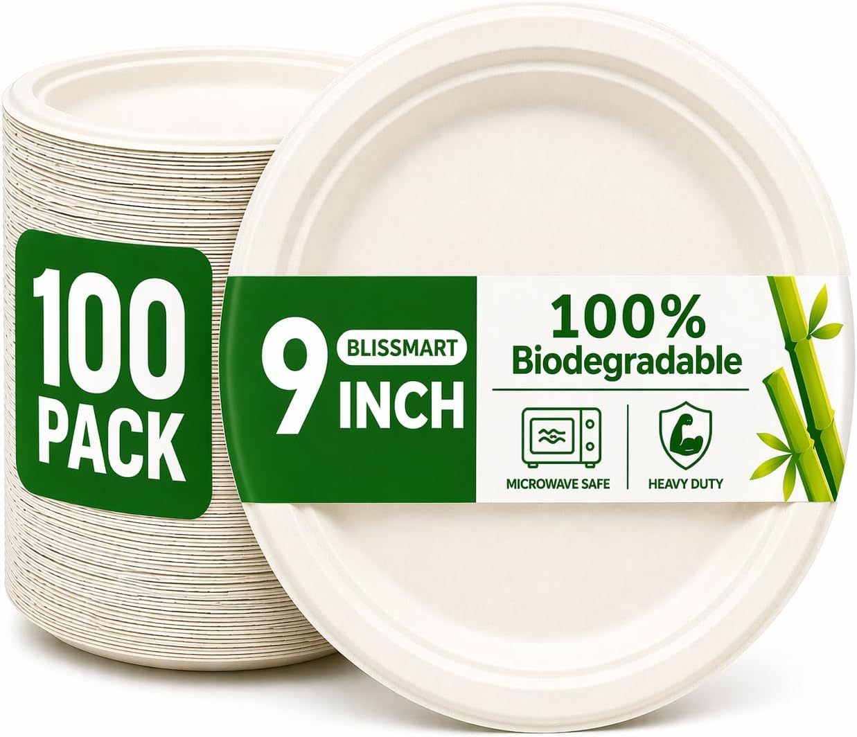 Strong Disposable Paper Plates 9" Bagasse Heavy-Duty Disposable Plates for PartiesMicrowave-Safe Party Plates,Dinner Plates for Hot & Cold Food Restaurants Takeaway Dessert Snack Tableware